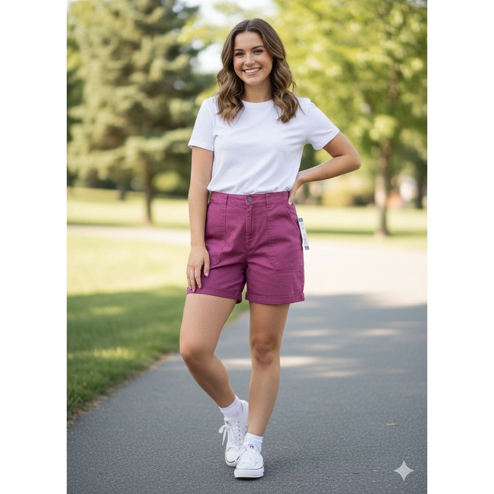 Gloria Vanderbilt Womens Utility Shorts Berry‎ Pink High Rise Cotton Stretch L